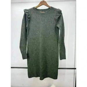 Club Monaco XS Long Sleeve Green‎ Knit Wool Blend Shift Dress Ruffle Above Knee